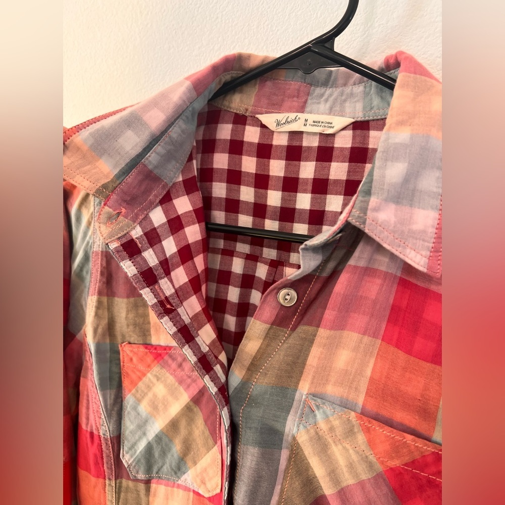 Woolrich Organic Cotton Plaid Red Orange Blue Button Down Gingham Shirt … - Picture 4 of 14
